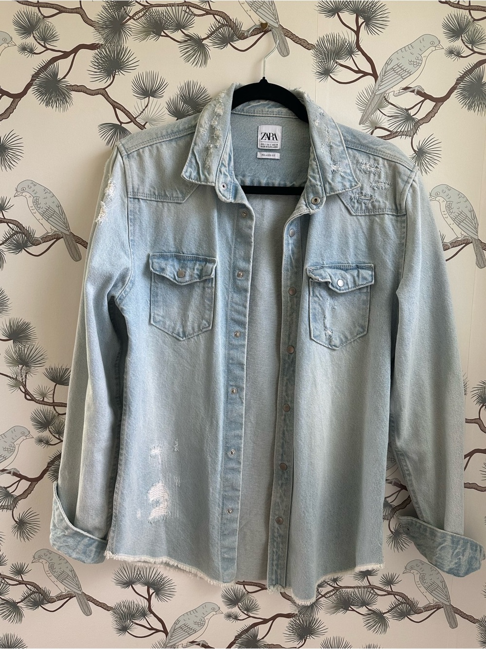 Zara Pale Blue Distressed Denim Jean Jacket